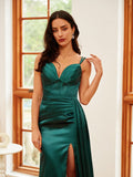 Sheath/Column Silk like Satin Ruched V-neck Sleeveless Sweep/Brush Train Dresses Prom Evening Dress