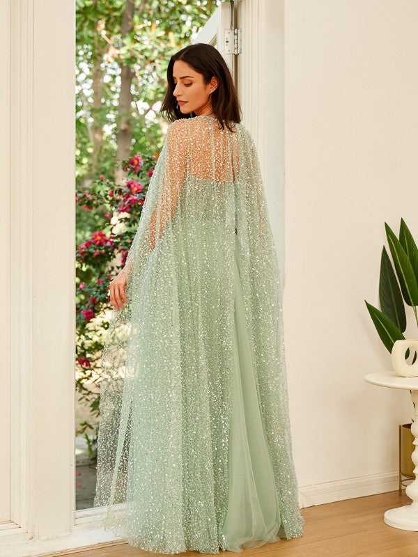 Vestido de noche de fiesta de corte A/princesa con tirantes fruncidos de tul y mangas largas hasta el suelo