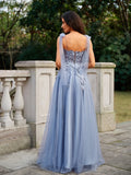A-Line/Princess Tulle Applique Straps Sleeveless Floor-Length Dresses Prom Evening Dress