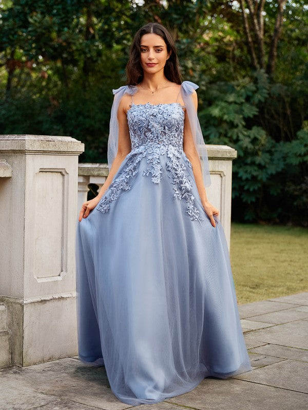 A-Line/Princess Tulle Applique Straps Sleeveless Floor-Length Dresses Prom Evening Dress