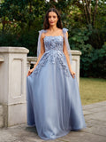 A-Line/Princess Tulle Applique Straps Sleeveless Floor-Length Dresses Prom Evening Dress
