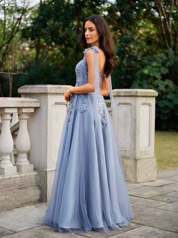 A-Line/Princess Tulle Applique Straps Sleeveless Floor-Length Dresses Prom Evening Dress