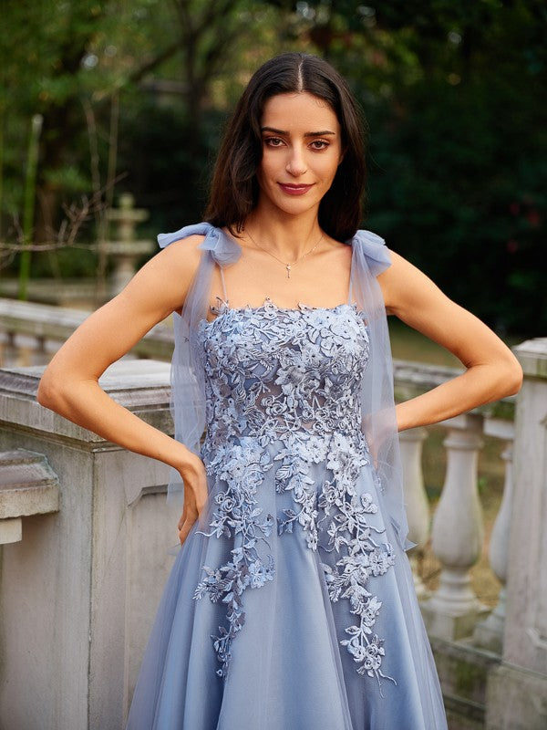 A-Line/Princess Tulle Applique Straps Sleeveless Floor-Length Dresses Prom Evening Dress