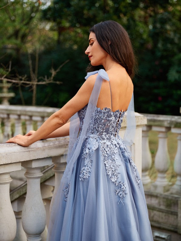 A-Line/Princess Tulle Applique Straps Sleeveless Floor-Length Dresses Prom Evening Dress