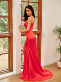 Sheath/Column Silk like Satin Ruched One-Shoulder Sleeveless Sweep/Brush Train Dresses Prom Evening Dress