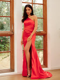 Sheath/Column Silk like Satin Ruched One-Shoulder Sleeveless Sweep/Brush Train Dresses Prom Evening Dress