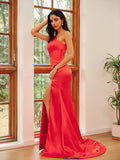 Sheath/Column Silk like Satin Ruched One-Shoulder Sleeveless Sweep/Brush Train Dresses Prom Evening Dress