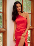 Sheath/Column Silk like Satin Ruched One-Shoulder Sleeveless Sweep/Brush Train Dresses Prom Evening Dress