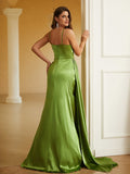 Sheath/Column Silk like Satin Ruched V-neck Sleeveless Sweep/Brush Train Dresses Prom Evening Dress