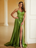 Sheath/Column Silk like Satin Ruched V-neck Sleeveless Sweep/Brush Train Dresses Prom Evening Dress