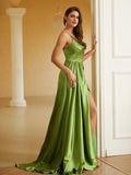 Sheath/Column Silk like Satin Ruched V-neck Sleeveless Sweep/Brush Train Dresses Prom Evening Dress
