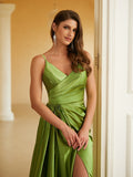 Sheath/Column Silk like Satin Ruched V-neck Sleeveless Sweep/Brush Train Dresses Prom Evening Dress