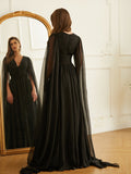 A-Line/Princess 30D Chiffon Ruched V-neck Long Sleeves Floor-Length Dresses Prom Evening Dress