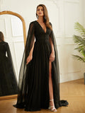 A-Line/Princess 30D Chiffon Ruched V-neck Long Sleeves Floor-Length Dresses Prom Evening Dress