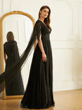A-Line/Princess 30D Chiffon Ruched V-neck Long Sleeves Floor-Length Dresses Prom Evening Dress