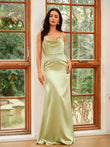 Sheath/Column Silk like Satin Ruched Spaghetti Straps Sleeveless Floor-Length Dresses Prom Evening Dress