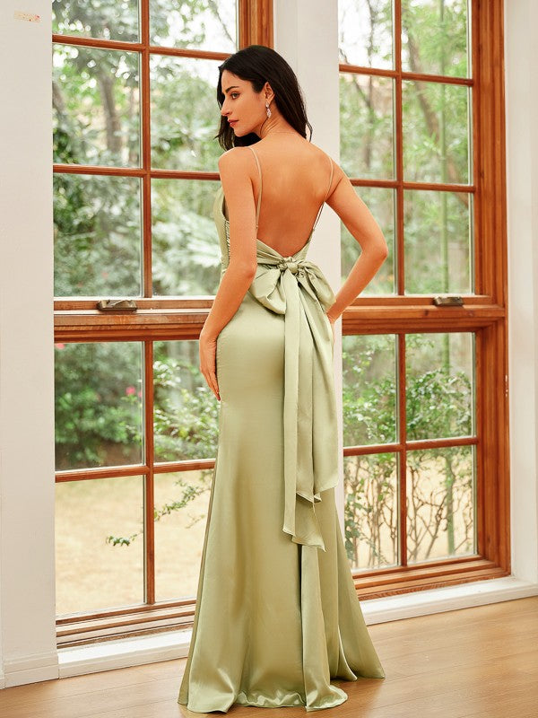 Sheath/Column Silk like Satin Ruched Spaghetti Straps Sleeveless Floor-Length Dresses Prom Evening Dress