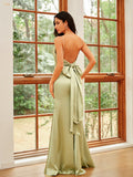 Sheath/Column Silk like Satin Ruched Spaghetti Straps Sleeveless Floor-Length Dresses Prom Evening Dress