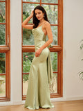 Sheath/Column Silk like Satin Ruched Spaghetti Straps Sleeveless Floor-Length Dresses Prom Evening Dress