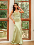 Sheath/Column Silk like Satin Ruched Spaghetti Straps Sleeveless Floor-Length Dresses Prom Evening Dress