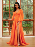 A-Line/Princess 30D Chiffon Ruffles V-neck Long Sleeves Sweep/Brush Train Dresses Prom Evening Dress