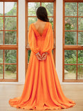 A-Line/Princess 30D Chiffon Ruffles V-neck Long Sleeves Sweep/Brush Train Dresses Prom Evening Dress