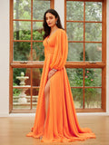 A-Line/Princess 30D Chiffon Ruffles V-neck Long Sleeves Sweep/Brush Train Dresses Prom Evening Dress