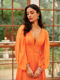 A-Line/Princess 30D Chiffon Ruffles V-neck Long Sleeves Sweep/Brush Train Dresses Prom Evening Dress