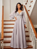 A-Line/Princess 30D Chiffon Applique V-neck Long Sleeves Floor-Length Dresses Prom Evening Dress Mother of the Bride Dresses