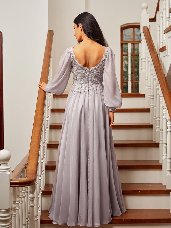 A-Line/Princess 30D Chiffon Applique V-neck Long Sleeves Floor-Length Dresses Prom Evening Dress Mother of the Bride Dresses