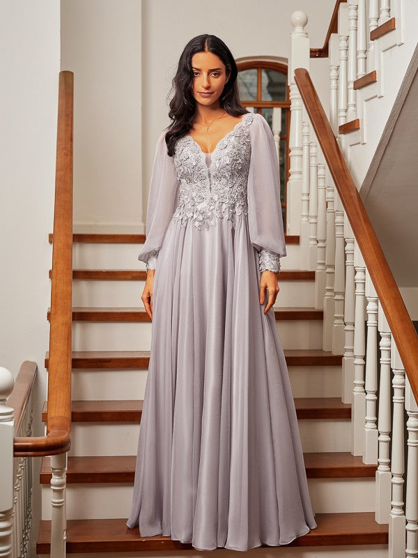 A-Line/Princess 30D Chiffon Applique V-neck Long Sleeves Floor-Length Dresses Prom Evening Dress Mother of the Bride Dresses