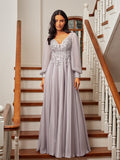 A-Line/Princess 30D Chiffon Applique V-neck Long Sleeves Floor-Length Dresses Prom Evening Dress Mother of the Bride Dresses