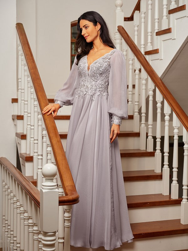 A-Line/Princess 30D Chiffon Applique V-neck Long Sleeves Floor-Length Dresses Prom Evening Dress Mother of the Bride Dresses