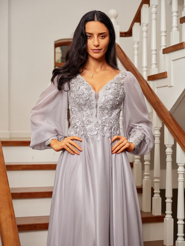 A-Line/Princess 30D Chiffon Applique V-neck Long Sleeves Floor-Length Dresses Prom Evening Dress Mother of the Bride Dresses