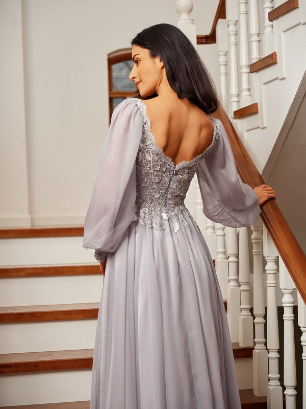 A-Line/Princess 30D Chiffon Applique V-neck Long Sleeves Floor-Length Dresses Prom Evening Dress Mother of the Bride Dresses