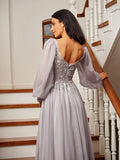 A-Line/Princess 30D Chiffon Applique V-neck Long Sleeves Floor-Length Dresses Prom Evening Dress Mother of the Bride Dresses