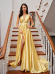 A-Line/Princess Silk like Satin Ruffles V-neck Sleeveless Court Train Dresses Prom Evening Dress