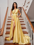 A-Line/Princess Silk like Satin Ruffles V-neck Sleeveless Court Train Dresses Prom Evening Dress