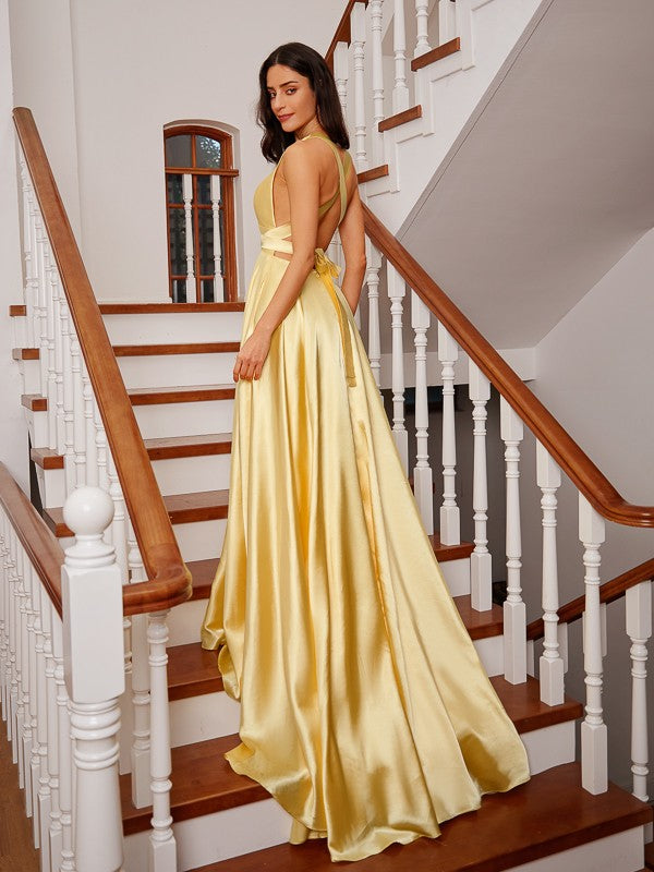 A-Line/Princess Silk like Satin Ruffles V-neck Sleeveless Court Train Dresses Prom Evening Dress