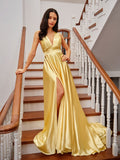 A-Line/Princess Silk like Satin Ruffles V-neck Sleeveless Court Train Dresses Prom Evening Dress