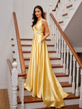 A-Line/Princess Silk like Satin Ruffles V-neck Sleeveless Court Train Dresses Prom Evening Dress