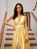 A-Line/Princess Silk like Satin Ruffles V-neck Sleeveless Court Train Dresses Prom Evening Dress