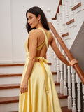 A-Line/Princess Silk like Satin Ruffles V-neck Sleeveless Court Train Dresses Prom Evening Dress