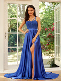A-Line/Princess Silk like Satin Straps Sleeveless Sweep/Brush Train Dresses Prom Evening Dress