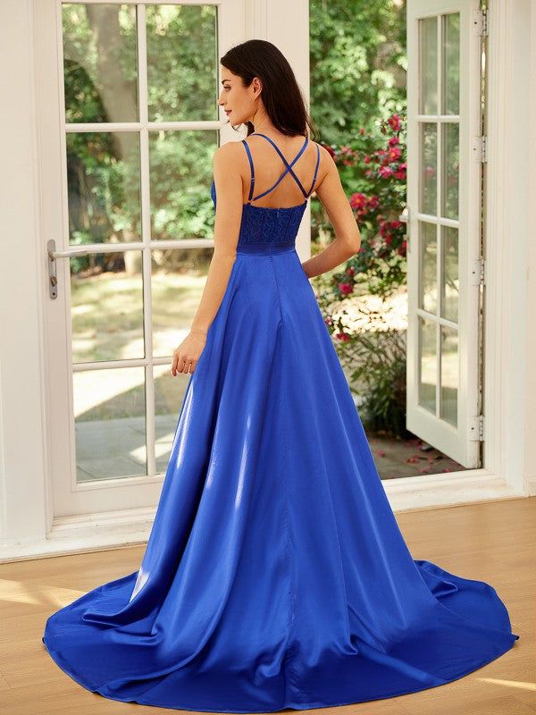 A-Line/Princess Silk like Satin Straps Sleeveless Sweep/Brush Train Dresses Prom Evening Dress