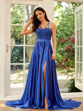 A-Line/Princess Silk like Satin Straps Sleeveless Sweep/Brush Train Dresses Prom Evening Dress