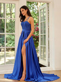 A-Line/Princess Silk like Satin Straps Sleeveless Sweep/Brush Train Dresses Prom Evening Dress