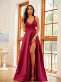 A-Line/Princess Satin Ruffles V-neck Sleeveless Floor-Length Dresses Prom Evening Dress