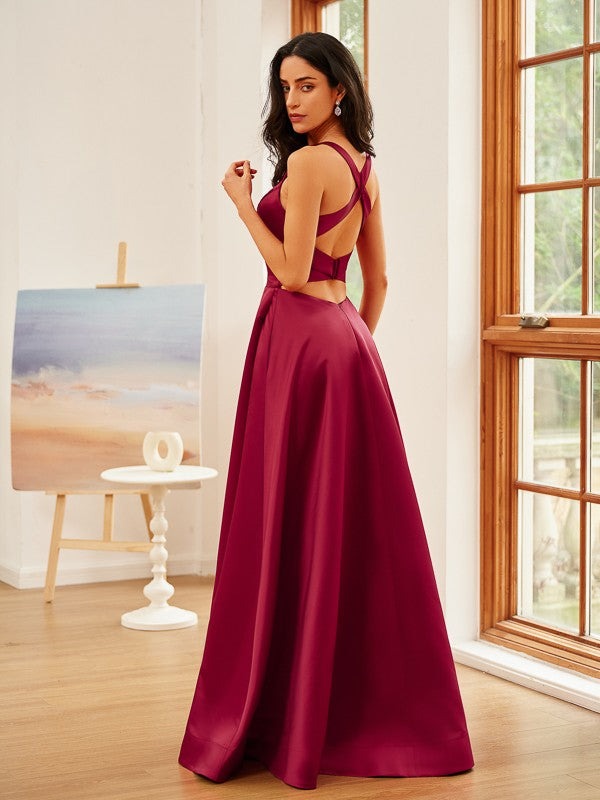 A-Line/Princess Satin Ruffles V-neck Sleeveless Floor-Length Dresses Prom Evening Dress
