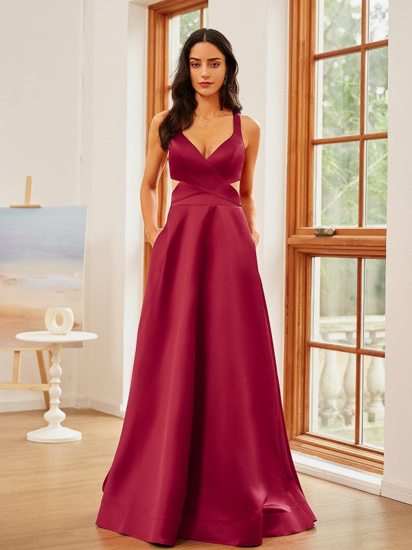 A-Line/Princess Satin Ruffles V-neck Sleeveless Floor-Length Dresses Prom Evening Dress